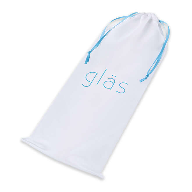 Glas branded white storage bag with blue strings for glass dildo