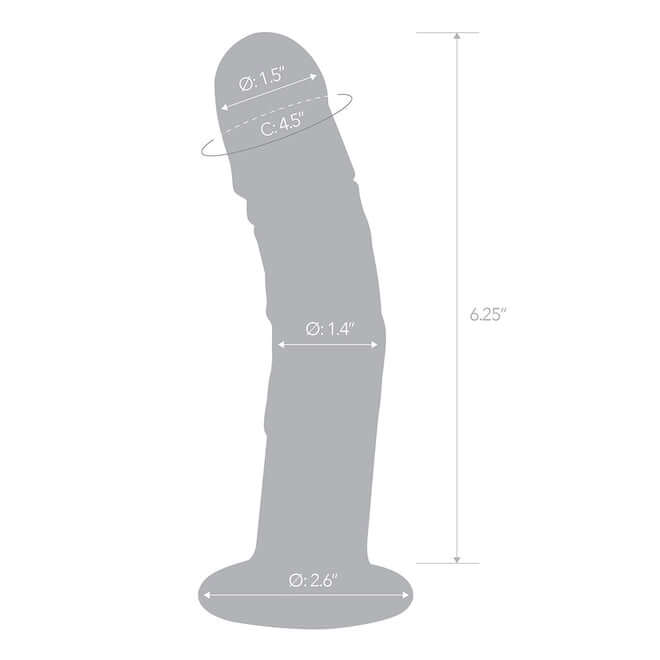 Dimensions of Glas 7-Inch Curved Realistic Glass Dildo with Veins - 1.5" tip, 4.5" circumference, 1.4" shaft, 2.6" base, and 6.25" total height.