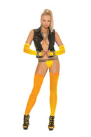 Model wearing Elegant Moments neon orange fishnet thigh high stockings with a bold black outfit and high heels.