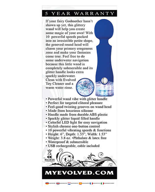 Dazzle Body Wand Massager with glitter handle, 10 speeds, waterproof design, and 5-year warranty information.