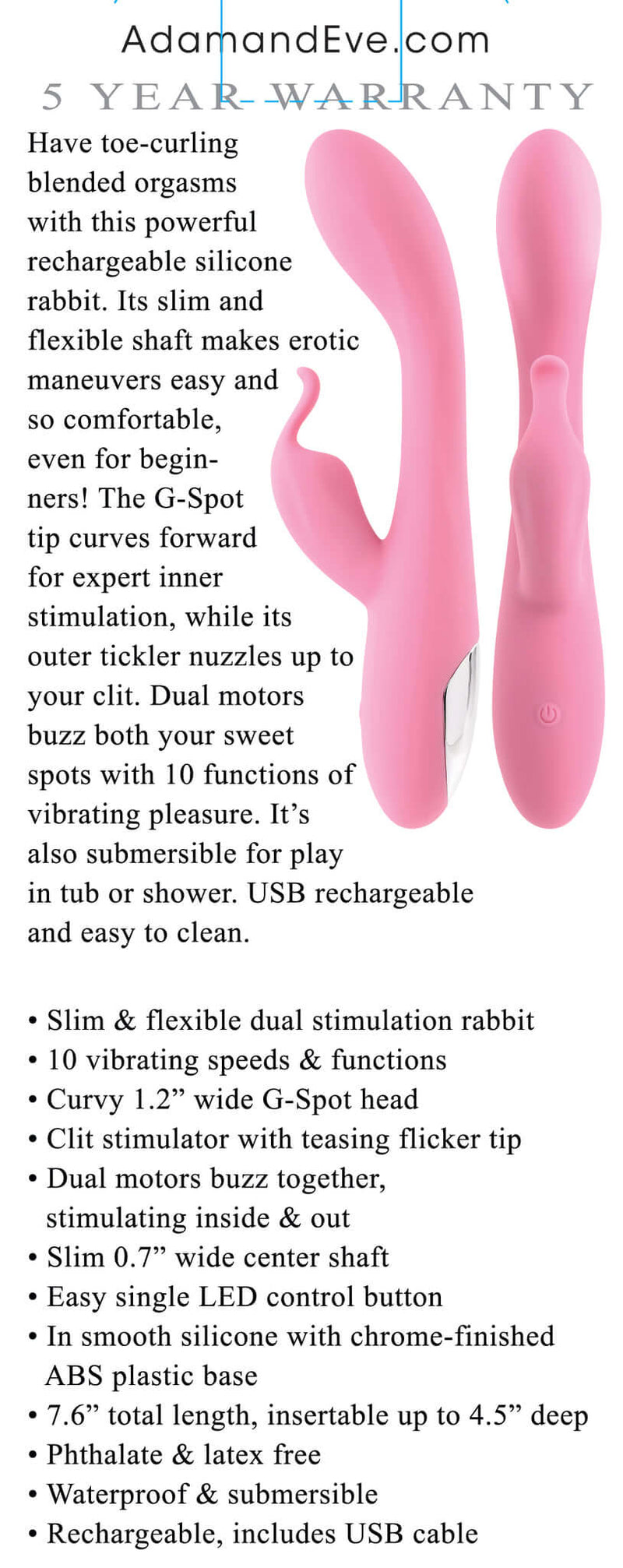 Evolved Novelties Adam and Eve Toys Eve's Rechargeable Slimline Rabbit Pink Vibrator at $69.99
