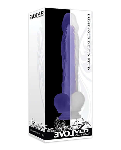 "Luminous Dildo Stud in packaging, featuring glowing dual-layer silicone and suction cup from Evolved Novelties"