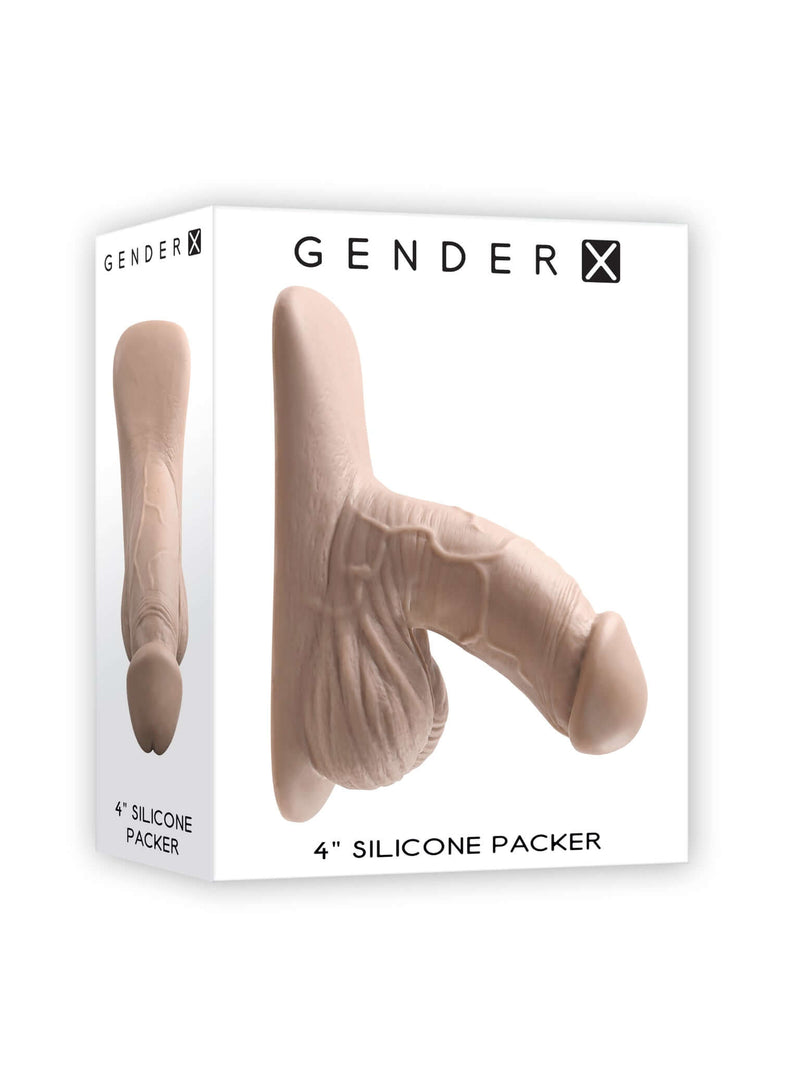 Gender X 4-Inch Silicone Packer in light skin tone packaging, realistic and body-safe design.