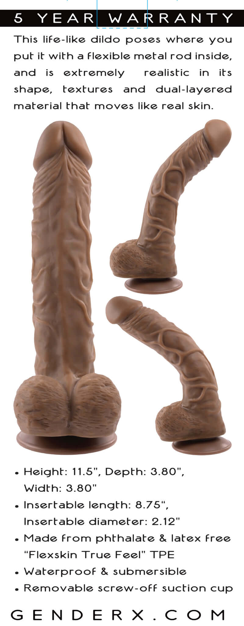 Gender X 10 Inches Poseable Flexskin True Feel Dark Dildo with flexible metal rod and realistic textures, featuring removable suction cup
