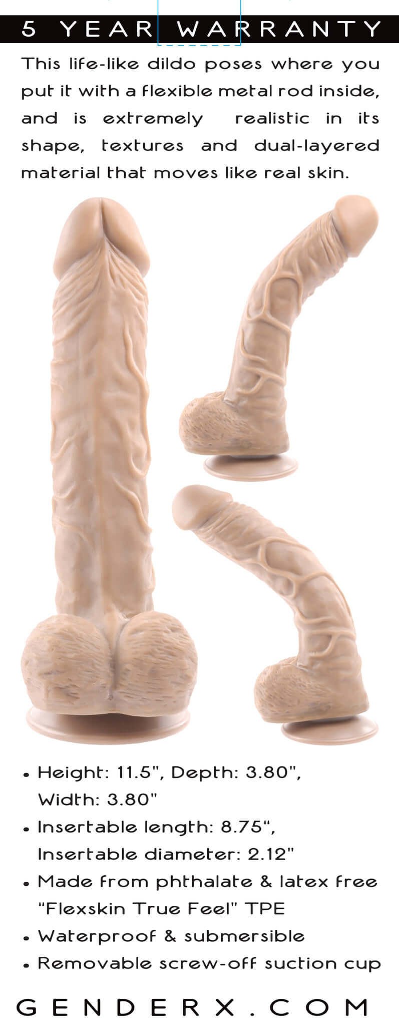 Gender X 10 Inches Poseable Flexskin Dildo with lifelike veins, flexible metal rod interior, and dual-layered material for realistic sensations.