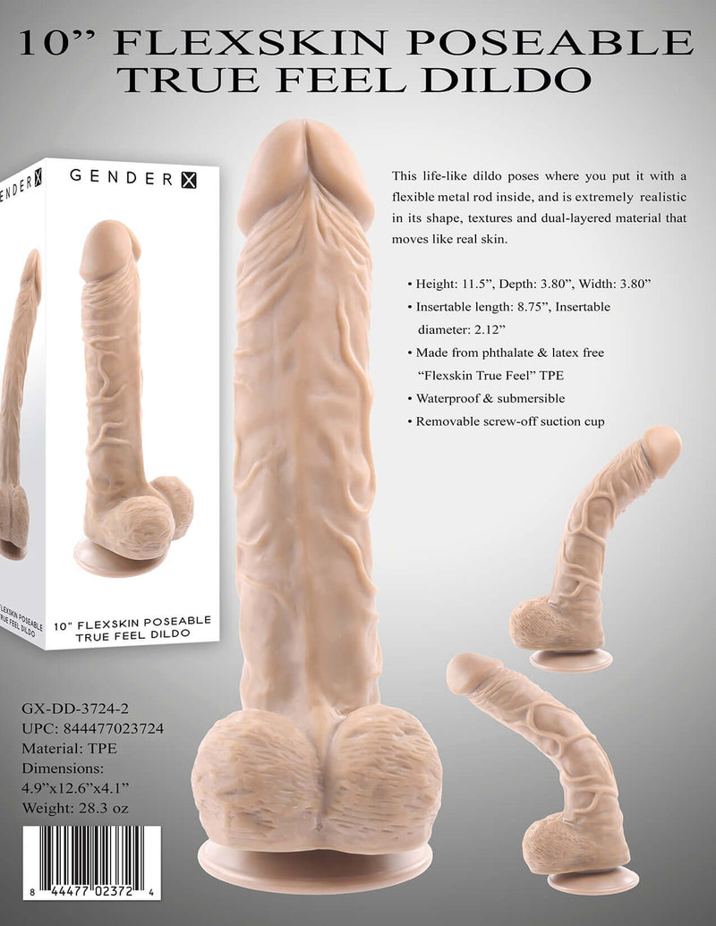 Gender X 10 Inches Poseable Flexskin Dildo with realistic texture and flexible shaft for lifelike pleasure, featured with suction cup.