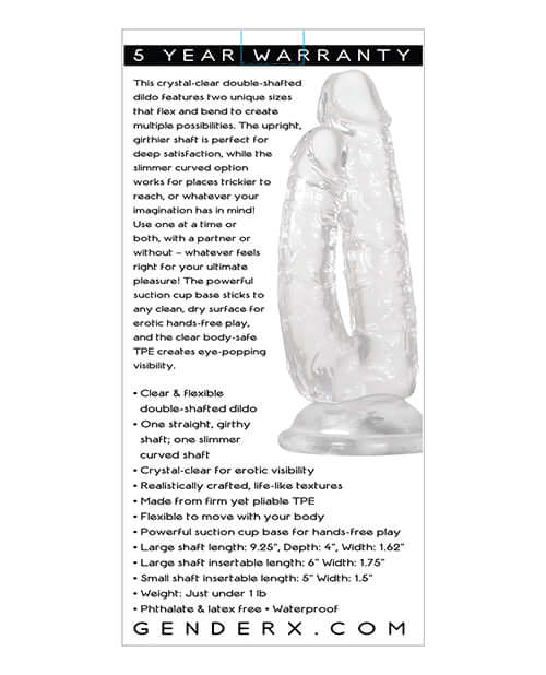 Gender X Dualistic Double Dildo with flexible, clear shafts on white background and product features listed.