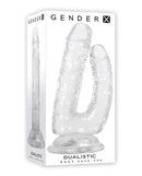 Gender X Dualistic Double Dildo in crystal clear packaging featuring dual flexible shafts for versatile pleasure from Evolved Novelties