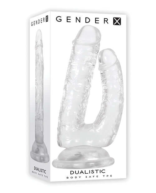 Gender X Dualistic Double Dildo in crystal clear packaging featuring dual flexible shafts for versatile pleasure from Evolved Novelties