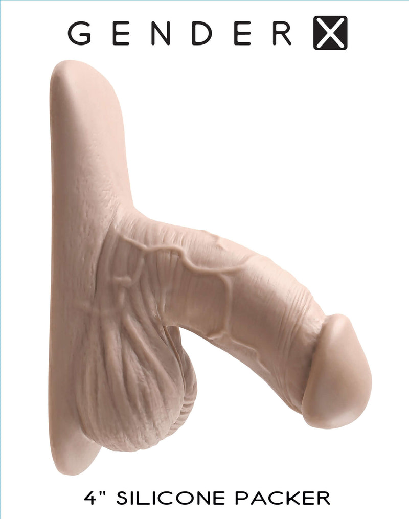 Gender X 4-Inch Silicone Packer in light skin tone, featuring realistic veins and wrinkles, body-safe and flexible design.