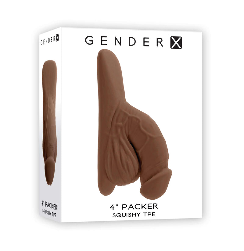Gender X 4 inches Dark Skin Tone Packer Dildo in Packaging by Evolved Novelties, featuring realistic veins and wrinkles for lifelike look.