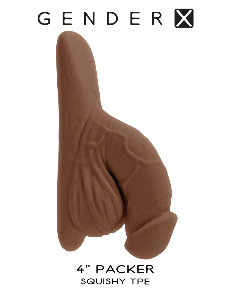 Gender X 4 inches Dark Skin Tone packer dildo made of squishy TPE rubber, showcasing realistic veins and lifelike details with logo in background.