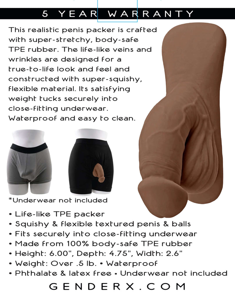 Gender X 4-inch dark skin tone packer dildo with life-like details and flexible material displayed with product specifications and underwear image