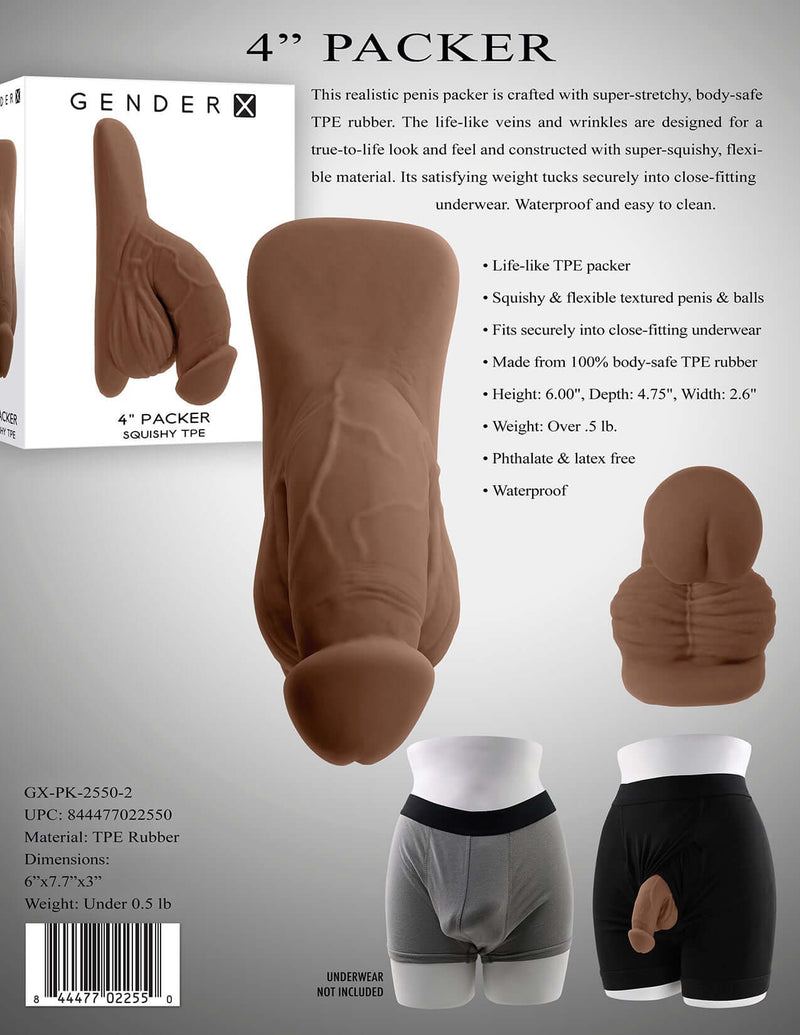 Gender X 4 inches Packer Dildo Dark Skin Tone by Evolved Novelties, featuring lifelike veins, made with super stretchy body-safe TPE Rubber.