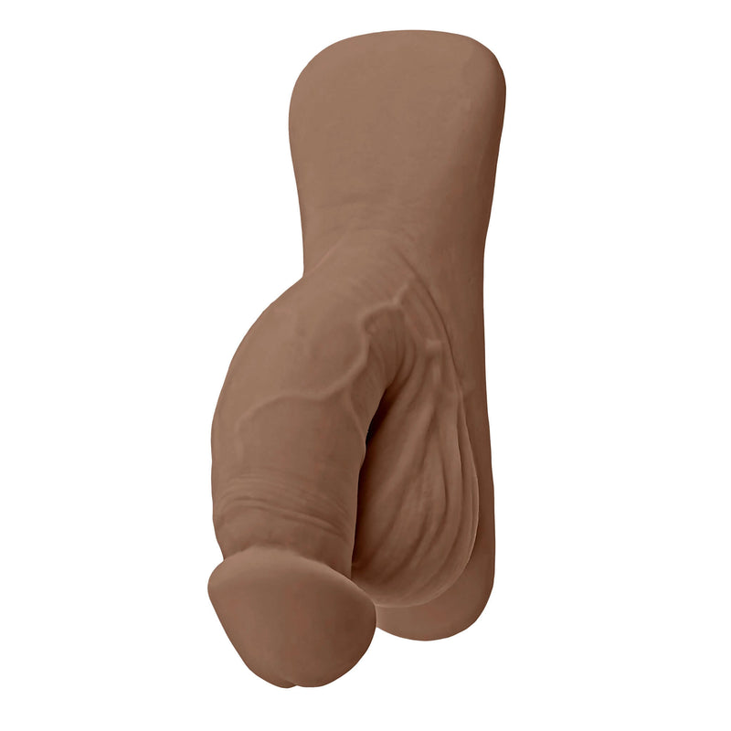 Gender X 4 inches packer dildo in dark skin tone with realistic veins and wrinkles crafted from body-safe TPE rubber.