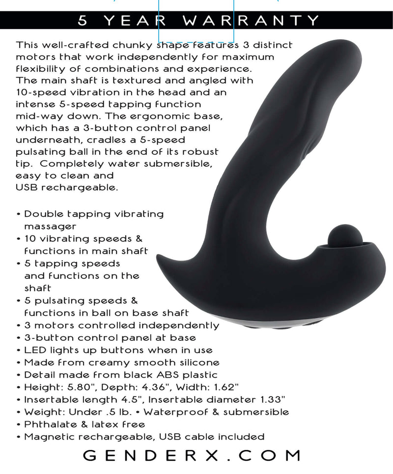 Gender X Mad Tapper triple motor massager with detailed functions and features listed, including pulsating head and ball section.