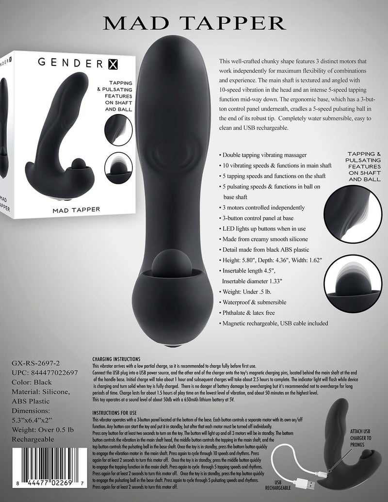 Gender X Mad Tapper massager with triple motor design, independent functions, adjustable speed, and rechargeable features.