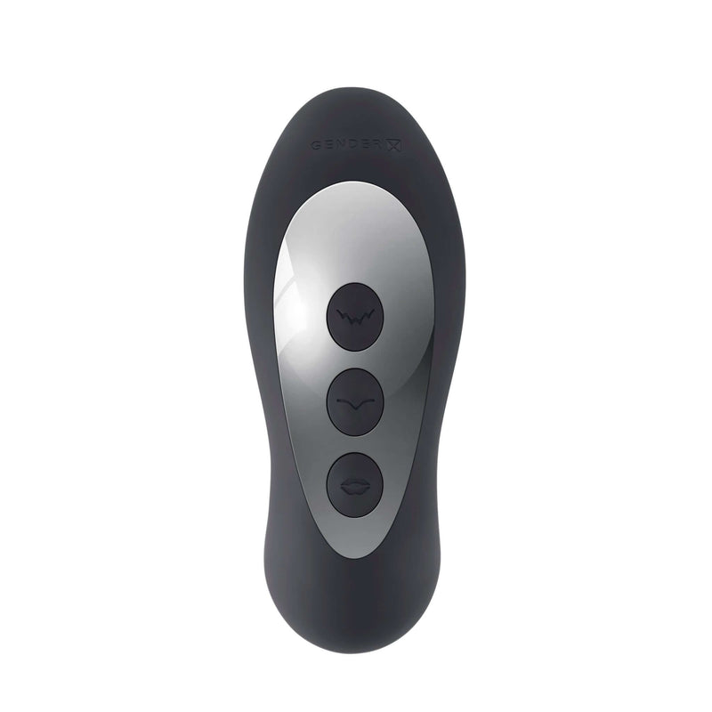 Gender X Mad Tapper massager remote control with three buttons for customizable settings.