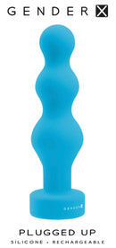 Gender X Plugged Up Beaded Vibrating Anal Plug in blue silicone, featuring a beaded shaft for ultimate pleasure.