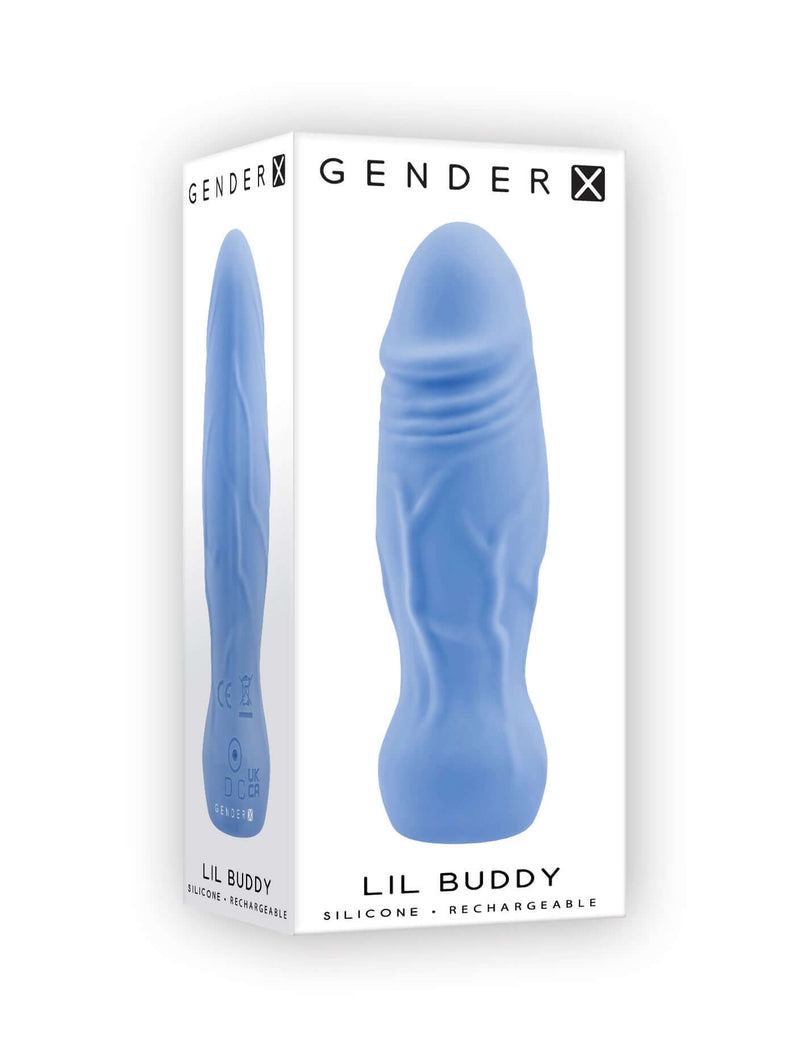 Gender X Lil Buddy Blue Realistic Vibrator in packaging, showcasing lifelike textures and compact design for pleasure.