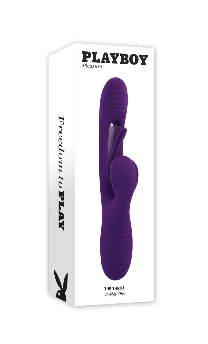 Playboy Pleasure The Thrill Rabbit Vibe in packaging, featuring a purple Rabbit Vibrator with unique mid-shaft flapper design for ultimate sensations.