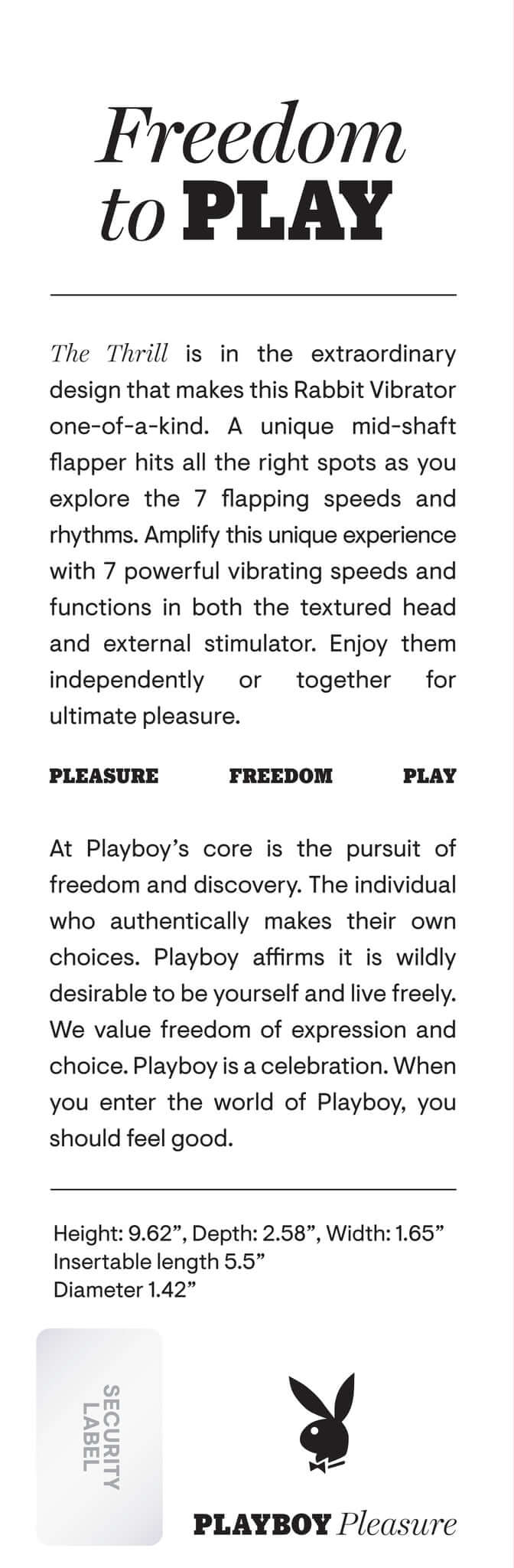 Detailed description of Playboy Pleasure The Thrill Rabbit Vibe showcasing its features, design, dimensions, and its unique mid-shaft flapper.