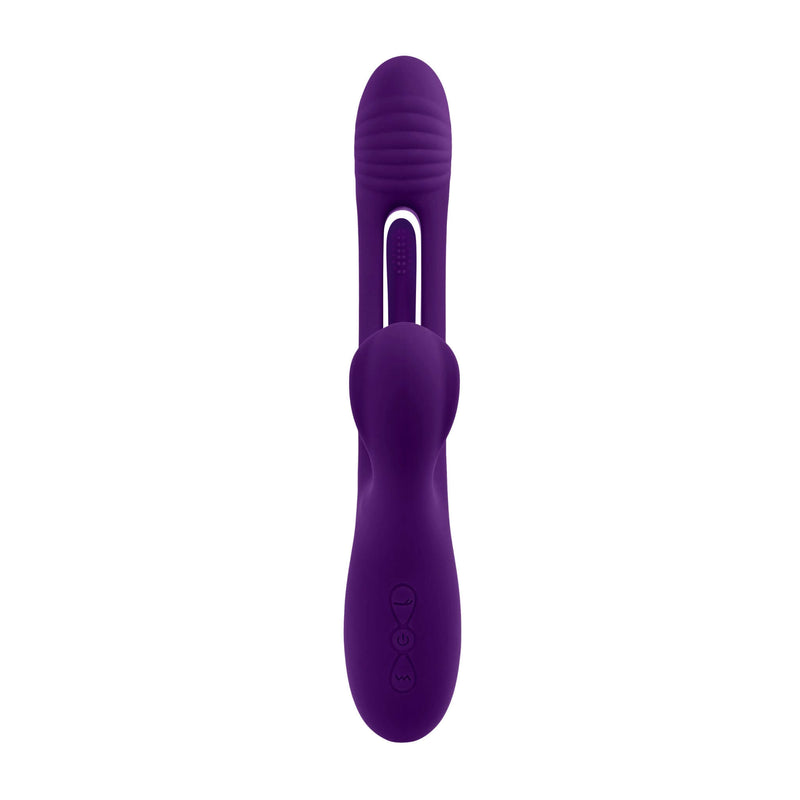Purple Playboy Pleasure The Thrill Rabbit Vibe by Evolved Novelties, featuring a unique mid-shaft flapper for intense sensations.