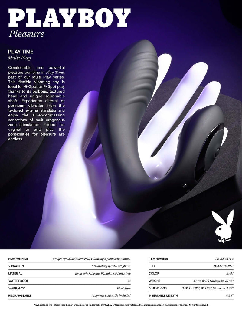 Playboy Pleasure Play Time Black Vibrator displayed on a hand, showcasing its textured design for multi-play sensations.