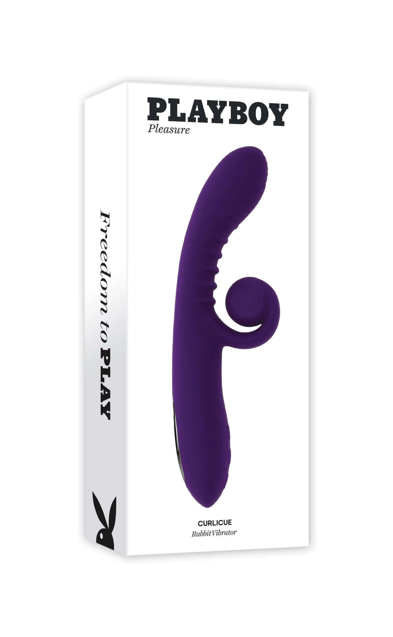 Packaging of Playboy Curlicue Rabbit Vibrator, featuring its unique design for clitoral and G-Spot stimulation.