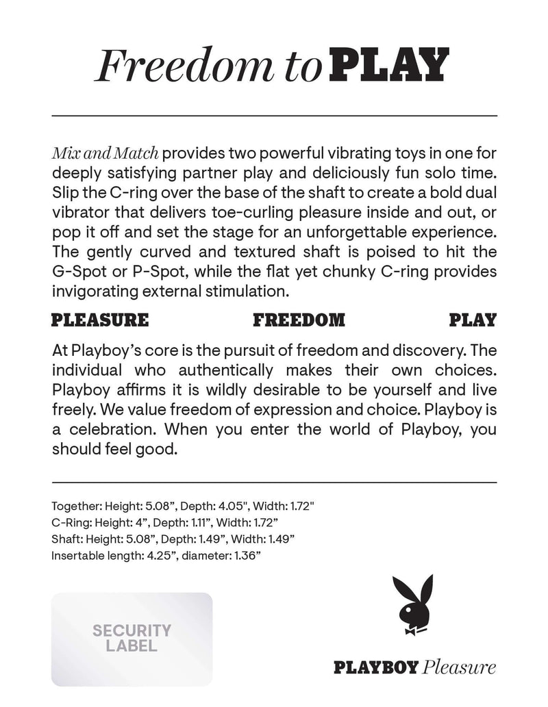 Product description and dimensions for Playboy Match Play dual vibrator, highlighting features and benefits for solo and couples play.