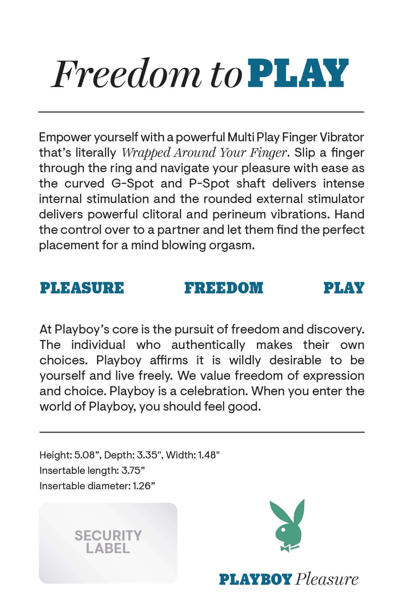 Advertisement for Playboy Wrapped Around Your Finger Blue Vibrator emphasizing freedom, pleasure, and powerful internal and external stimulation.