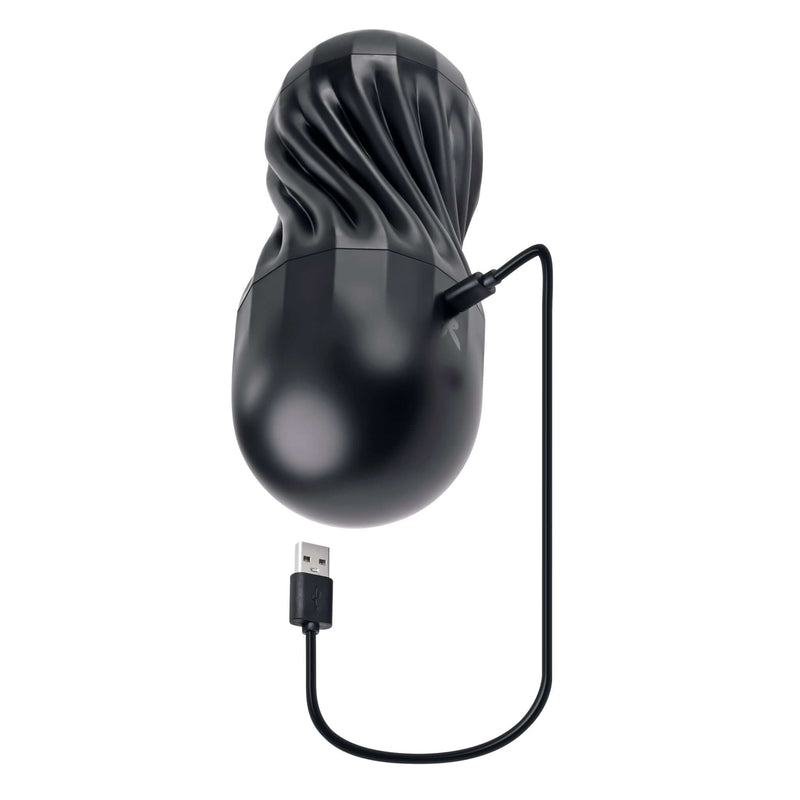 Playboy Solo Stroker by Evolved Novelties with USB charging cable, featuring soft, textured channel and 7 sucking and tightening speeds