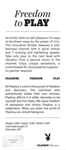 Packaging of Playboy Solo Stroker detailing its features, including 7 sucking and tightening speeds, textured channel, and customizable fit.