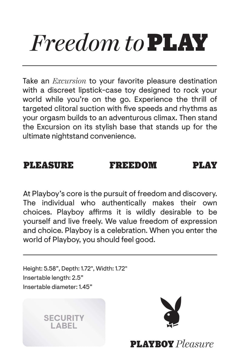 Freedom to play with Playboy Excursion discreet lipstick case toy for ultimate pleasure on-the-go. Detailed product description included.