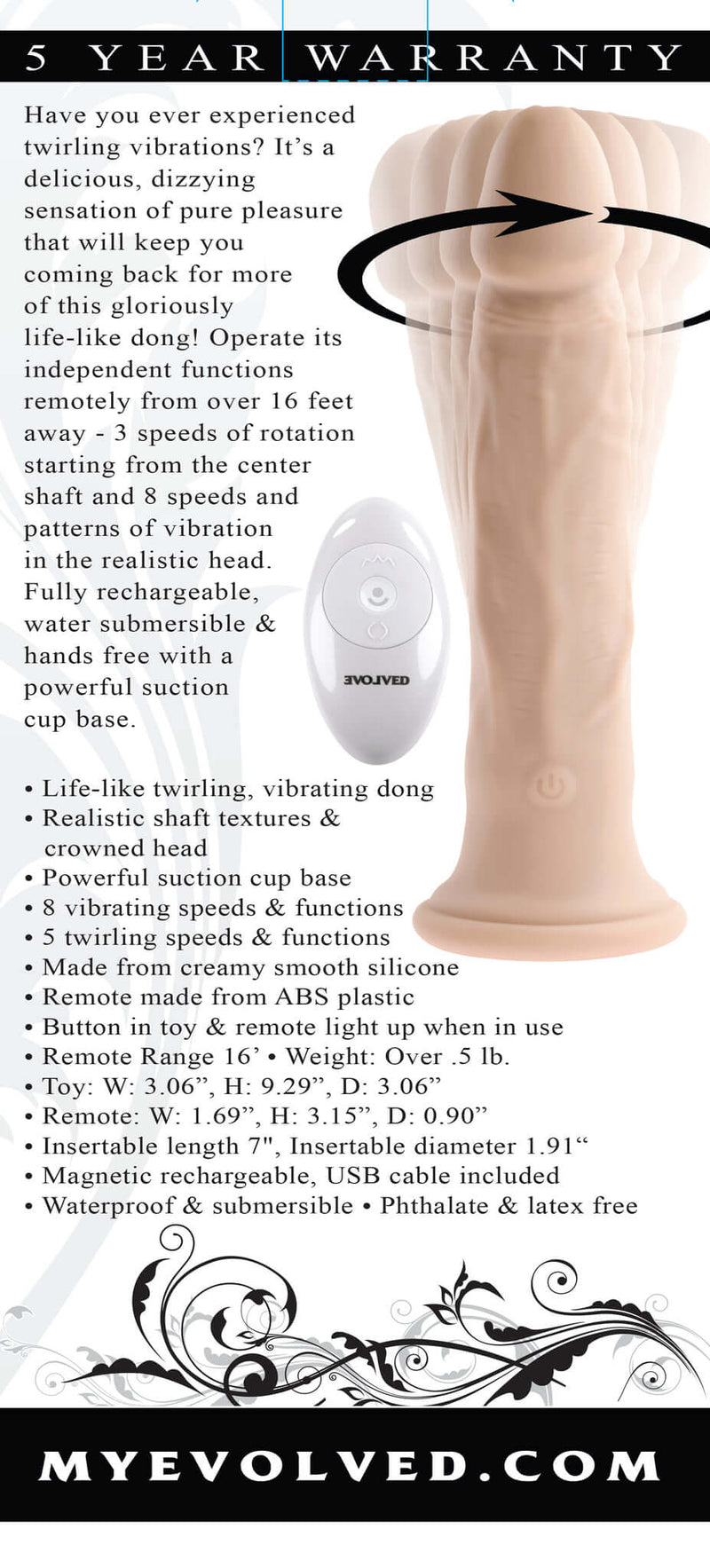 Evolved Twirl Jam Light Skin Tone Vibrating Dong with multiple functions, remote control, and charging cable - realistic twirling and vibrating dildo.
