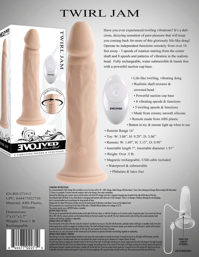 Evolved Twirl Jam Light Skin Tone Vibrating Dong in packaging with remote control and product features detailed on the back.