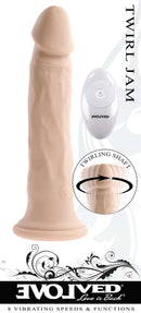 Evolved Twirl Jam light skin tone vibrating dildo with 8 speeds, remote control, and twirling shaft feature for thrilling sensations