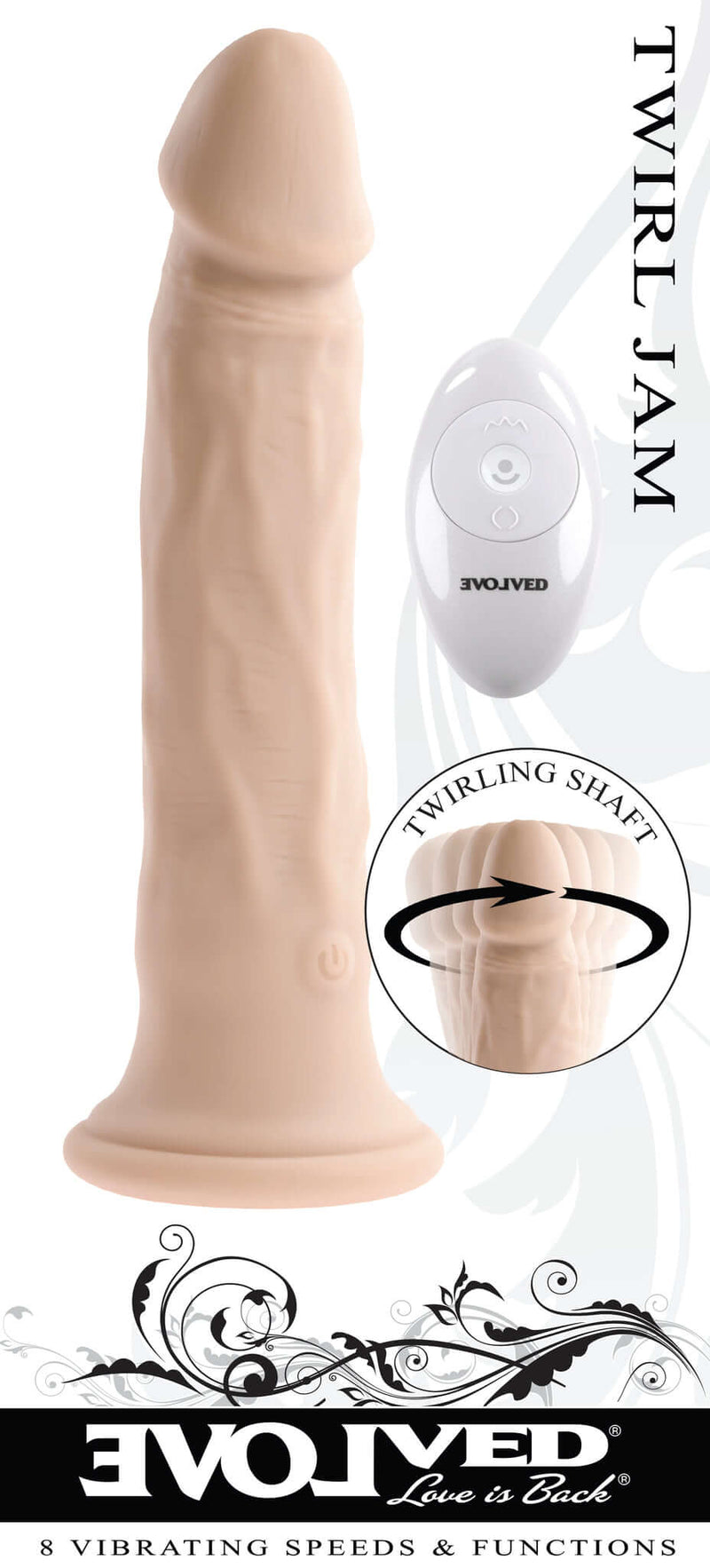 Evolved Twirl Jam light skin tone vibrating dildo with 8 speeds, remote control, and twirling shaft feature for thrilling sensations