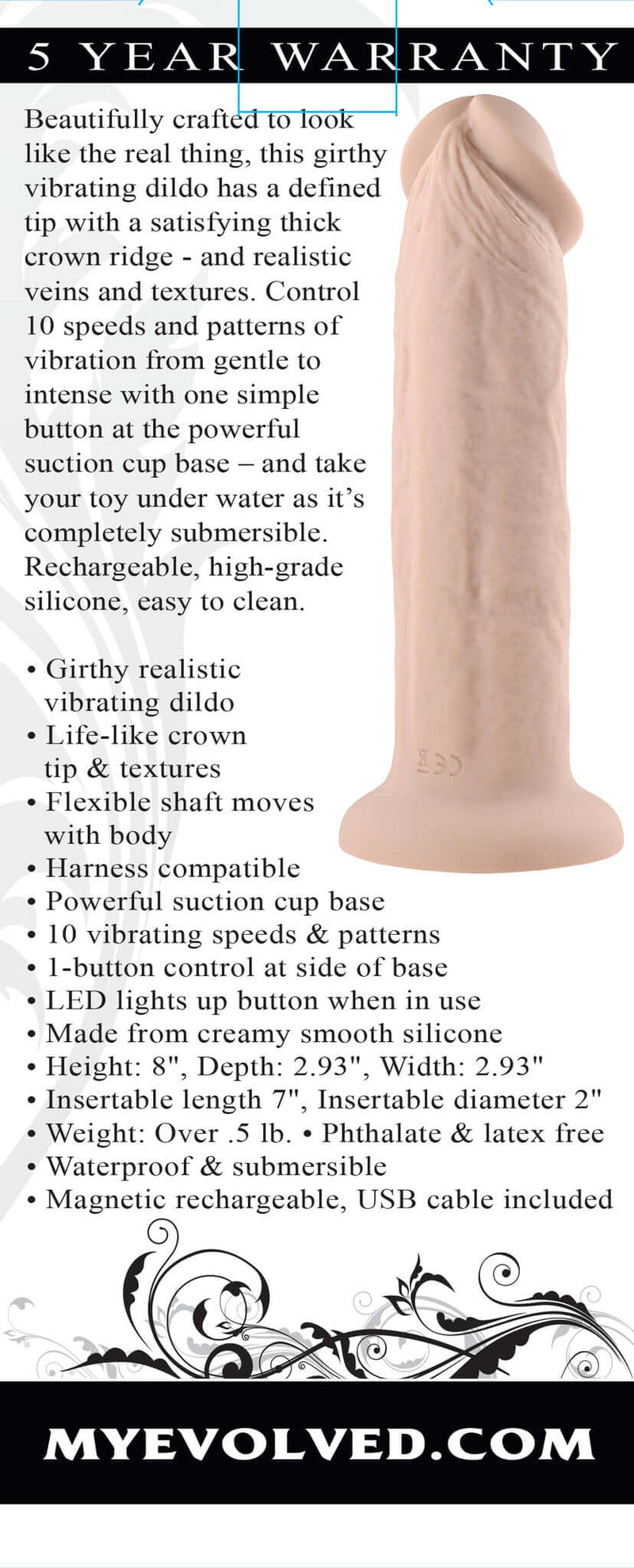Evolved 7 Inch Girthy Vibrating Dong - Realistic, Waterproof, Rechargeable, Light Skin Tone