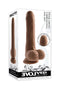 Evolved Peek A Boo Vibrating Dildo in Dark Skin Tone Packaging Box Featuring Dual-Layer Liquid Silicone and Powerful Motor