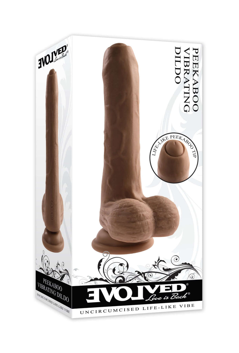 Evolved Peek A Boo Vibrating Dildo in Dark Skin Tone Packaging Box Featuring Dual-Layer Liquid Silicone and Powerful Motor