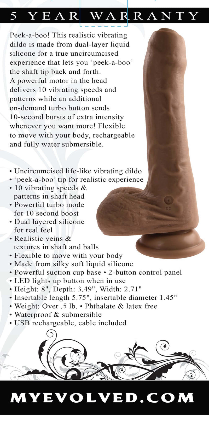 Peek-A-Boo Dark Skin Tone Vibrating Dildo - Dual-layer Liquid Silicone, 10 Vibration Modes, USB Rechargeable, Uncircumcised Experience
