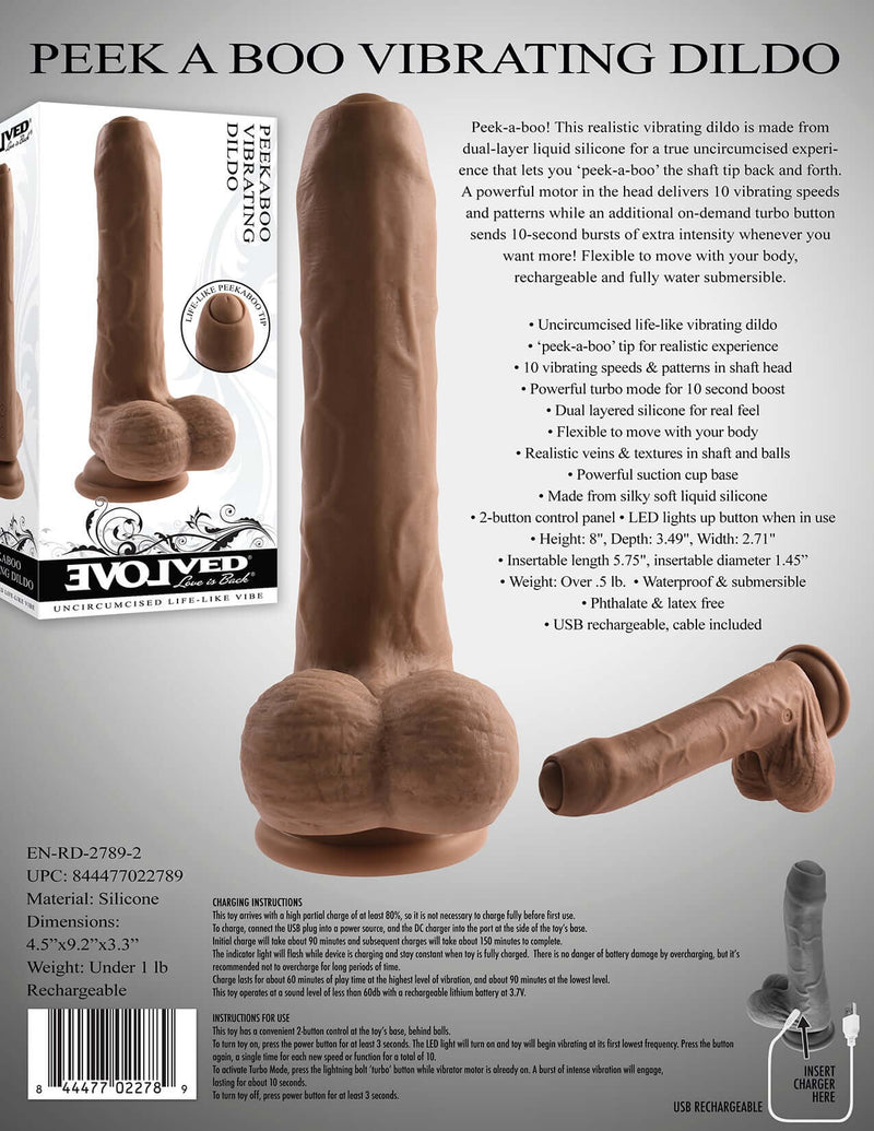Experience the Evolved Peek-A-Boo Vibrating Dildo in Dark Skin Tone with realistic dual-layer silicone and powerful motor in the head.