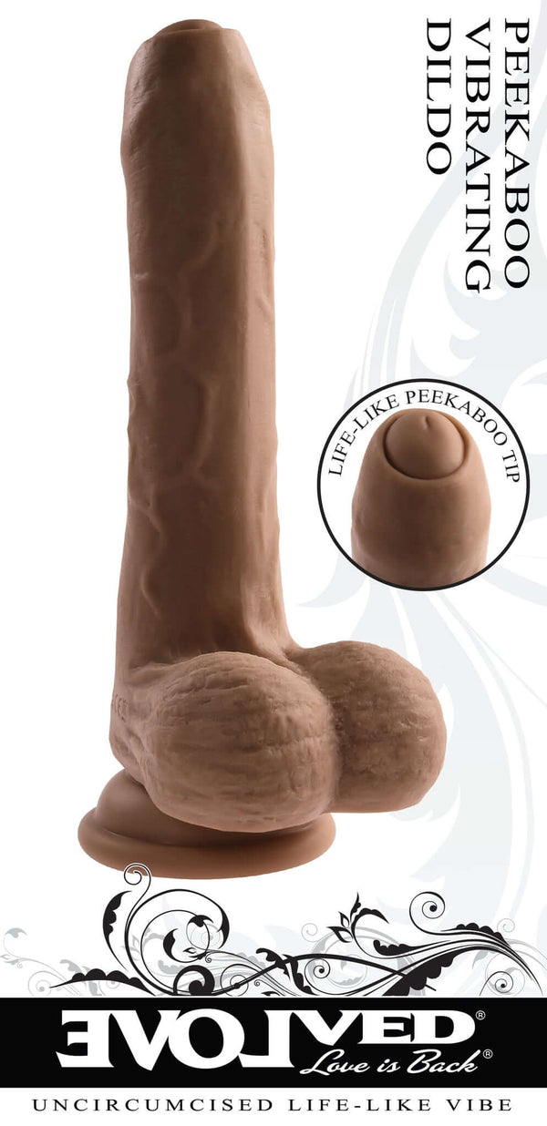 Evolved Peek-A-Boo Vibrating Dildo in Dark Skin Tone with Uncircumcised Tip and Powerful Motor for Realistic Pleasure