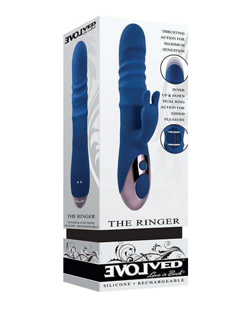 Evolved The Ringer Blue Rabbit Vibrator packaging showcasing dual ring thrusting and multi-speed vibrations for enhanced pleasure.