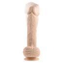 Realistic light-skin toned vibrating dildo with remote control, showcasing detailed design and dual-action features.