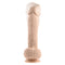 Realistic light-skin toned vibrating dildo with remote control, showcasing detailed design and dual-action features.