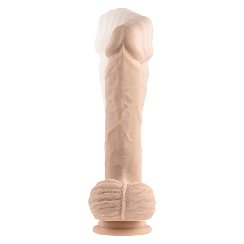 Realistic light-skin toned vibrating dildo with remote control, showcasing detailed design and dual-action features.