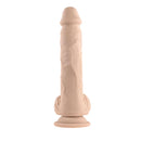 Evolved Full Monty realistic vibrating dildo in light-skin tone, shown standing vertically with detailed textures, underscores its lifelike design