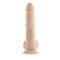 Evolved Full Monty realistic vibrating dildo in light-skin tone, shown standing vertically with detailed textures, underscores its lifelike design